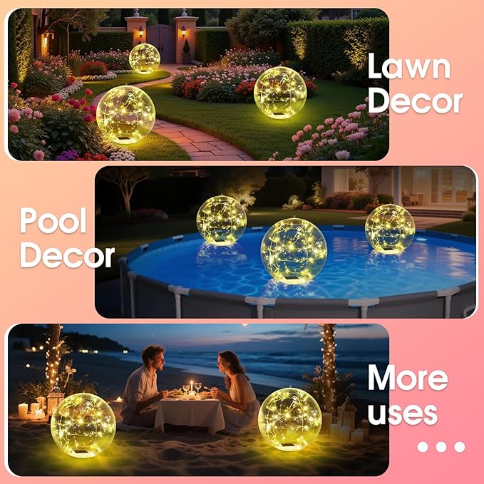 Askyli Floating Pool Lights, Warm White LED Solar Pool Lights That Float, IP68 Waterproof Light up Pool Balls, 15" Inflatable Floating Light for Pools Party Wedding Decor (2Piece)