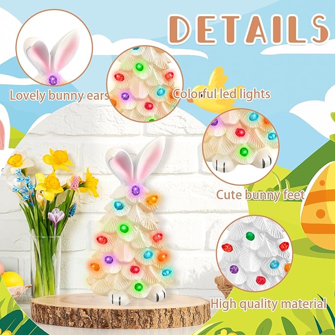 Lighted Easter Bunny Ceramic Tabletop Tree Easter Glowing Easter Bunny Ornaments with Colorful Lamp Beads Resin Rabbit Figurines for Spring Theme Party Basket Stuffers Filler Holiday Decor Gifts