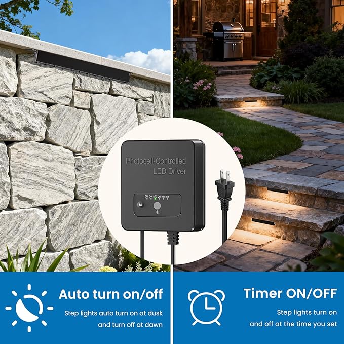8 Inch Retaining Wall Lights, 5W LED Hardscape Lighting with Sensor Transformer, 12-24V AC/DC 2700K Low Voltage LED Landscape Lighting Kit, IP68 Waterproof Outdoor Step Lights (12 Pack)