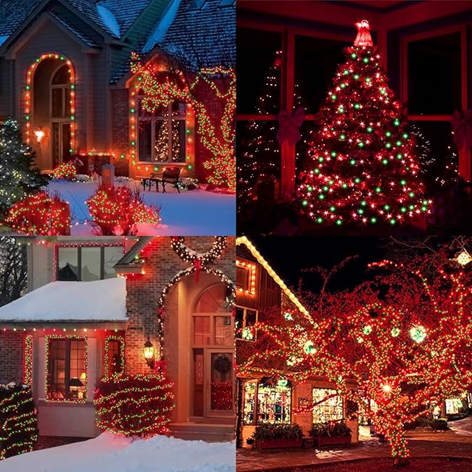 LAMPHOME 50 LED Outdoor Christmas Lights, 16 FT Mini String Light with 9 Modes & 6 Hour Timer, Waterproof Battery Operated for Indoor Outdoor Patio Garden Party Tree Decoration, Red Green