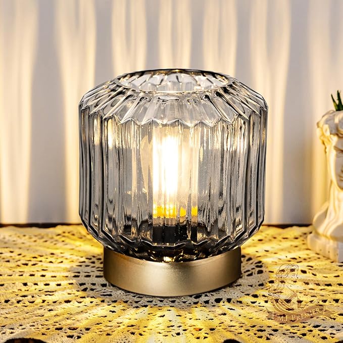 MJ PREMIER Battery Operated Lamp with Timer Cordless Lamps for Home Decor Battery Powered Nightlight with LED Bulb Decorative Glass Beside Lamp for Valentine's Gift Bathroom Bedroom Living Room Grey