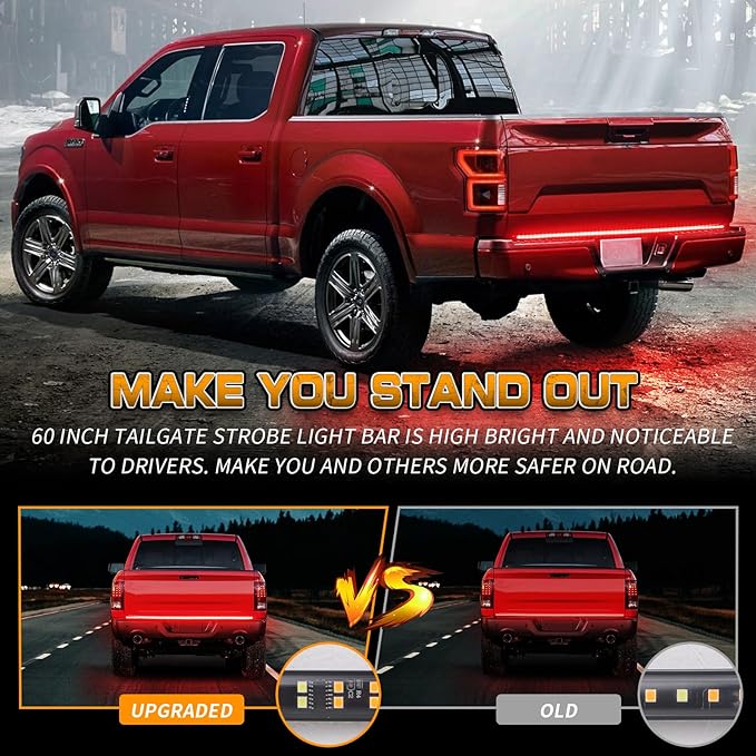 XRIDONSEN 60 inch Red Truck Emergency Lights Strip 360 LED Tailgate/Rear Window Light Bar Firefighter Lights Flashing Warning Hazard Safety First Responder Lights for Vehicles Fire Trucks Pickup POV