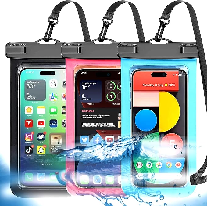 Famoby Up to 8.3" 3 Pack Multicolor Universal Waterproof Phone Pouch, Large Phone Waterproof Case Dry Bag,Protection Level: IP68,Outdoor Sports for Apple iPhone,Samsung,and More,Black,Blue,Pink