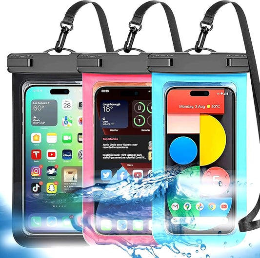 Famoby Up to 8.3" 3 Pack Multicolor Universal Waterproof Phone Pouch, Large Phone Waterproof Case Dry Bag,Protection Level: IP68,Outdoor Sports for Apple iPhone,Samsung,and More,Black,Blue,Pink