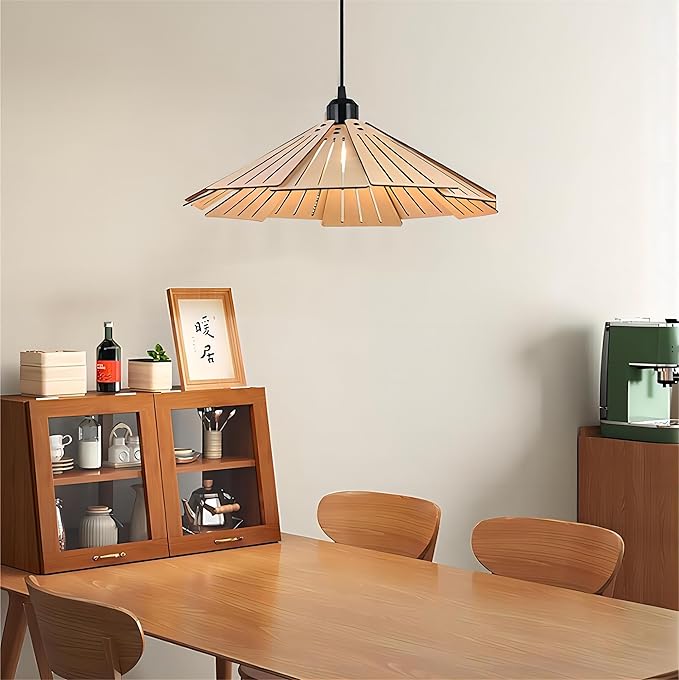 LIGHTLAND 16 Inch Wabi-Sabi Style Pendant Light, Wooden Hanging Light with Adjustable Hanging Length, Hanging Lamp for Bedroom, Dining Room, Bar - Hollowed, Wood Color, Pack of 1