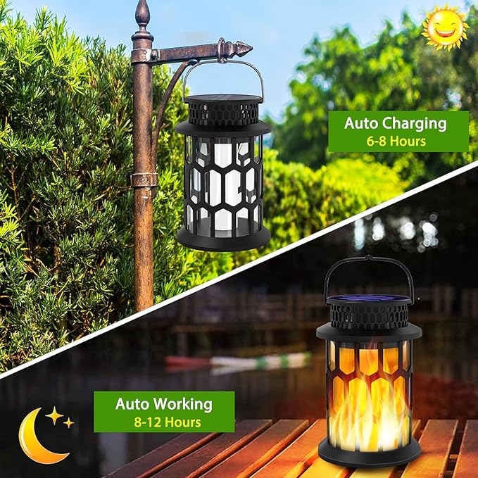 Sola Lanterns Outdoor Waterproof, Flickering Flame Hanging Solar Lanterns Solar Powered Wireless Lantern Decorative Lighting for Halloween Party,Patio,Garden,Yard,Pathway