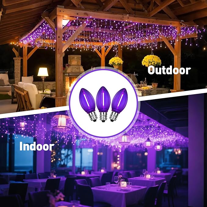 25 Pack C7 Replacement Bulbs, Dark Purple LED Halloween Light Bulbs, E12 Candelabra Base for Christmas Thanksgiving Xmas Tree Holiday Patio Outdoor String Lights Decor