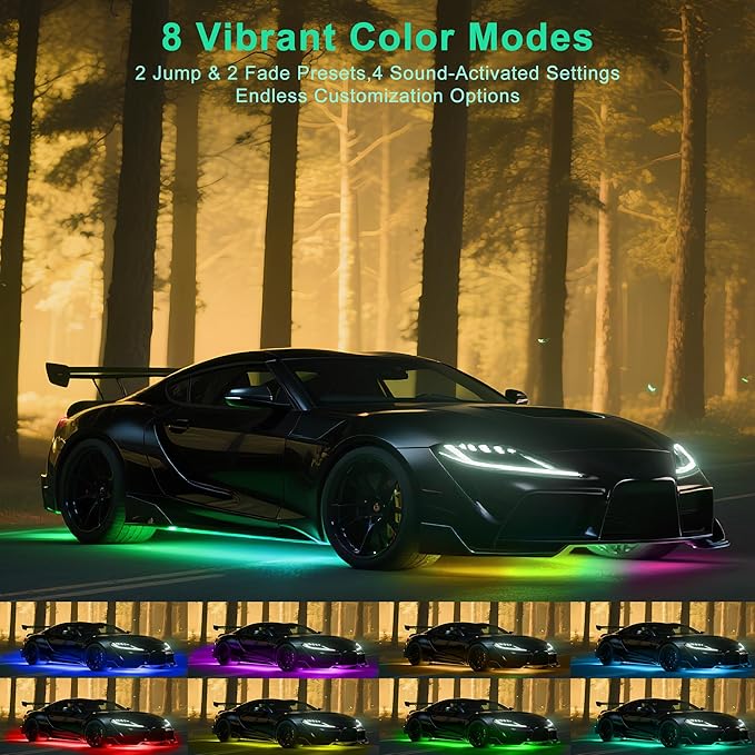 Underglow LED Lights for Cars - 4PCS RGB Neon Light Kit with 252 LEDs, Bluetooth APP Control, 8 Colors/Music Sync, Waterproof PVC Strips for Cars, Trucks, SUVs