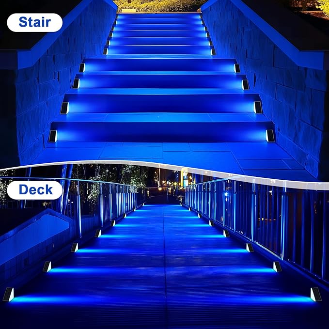 2 Pack Solar Stair Lights, Outdoor Step Lights with Waterproof IP67, Blue Color LED Solar Light for Outside Light Decor for Stair, Deck, Front Step, Front Porch, Patio and Backyard