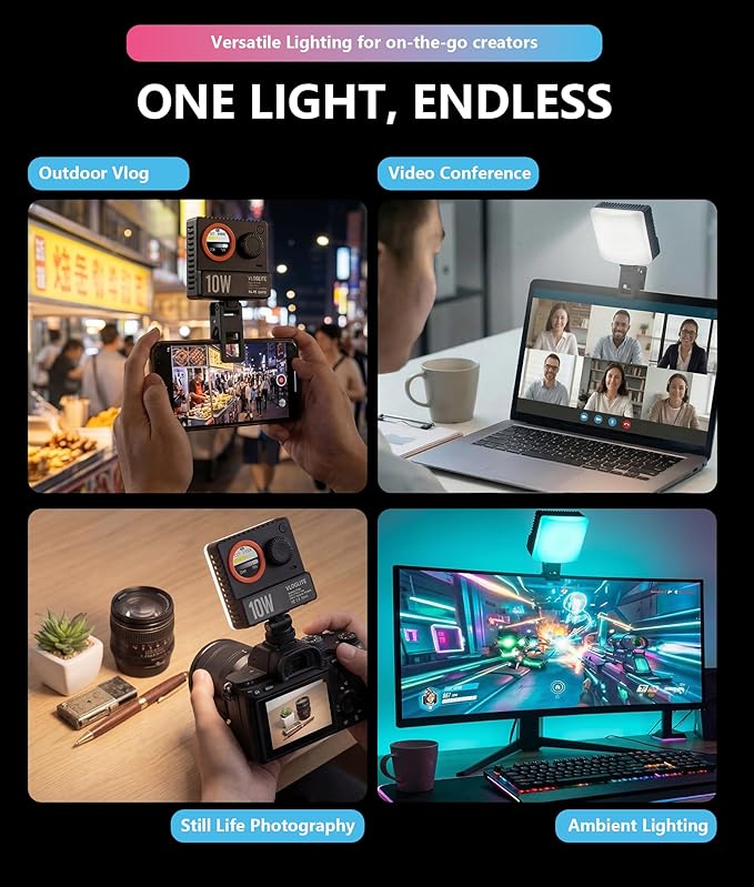 10W Ultra Bright Video Light, Portable LED Camera Light with 1200 Lux, 1800K–9000K Bi-Color, 360° Full Color, Phone Clip, Cold Shoe, On-Camera RGB Selfie Light for Photography, Video, Vlogging