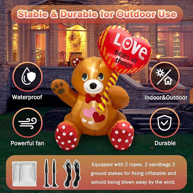 Valentines Day Inflatables Outdoor Decorations Love Blow Up Yard Décor Sweet Romantic Cute LED Lights for Indoor Outside Wedding Holiday Party Garden Lawn (Bear)