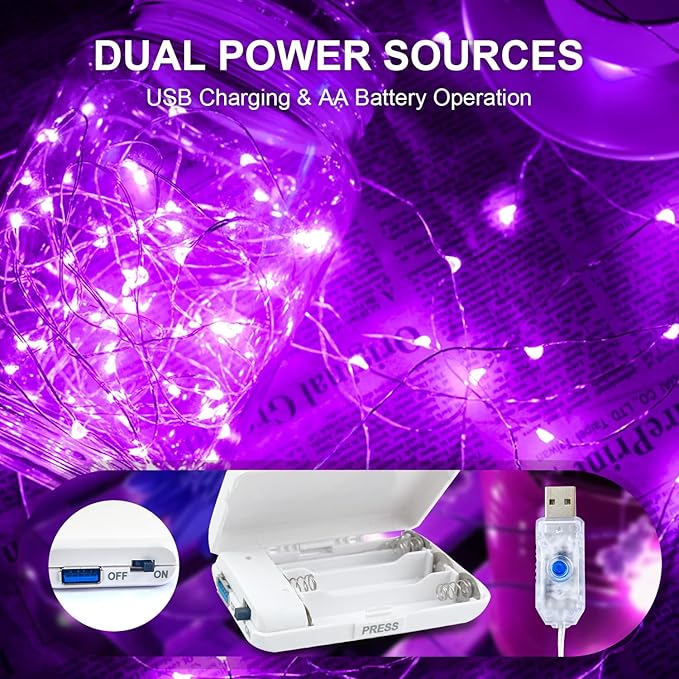 Aogist 50LED Fairy Lights 16ft Dual Power(USB/Battery) with Remote & Timer, 8 Modes Flexible Copper Wire Waterproof String Lights for Outdoor Christmas Wedding Bedroom Party Decor-1 Pack,Purple