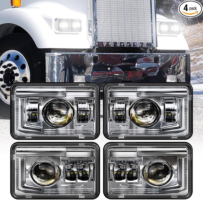 BICYACO 4 PCS DOT 4x6 Inch LED Headlights Rectangular Replacement H4651 H4652 H4656 H4666 H6545 Compatible with Peterbilt Kenworth Freightinger Ford Probe Oldsmobile Cutlass