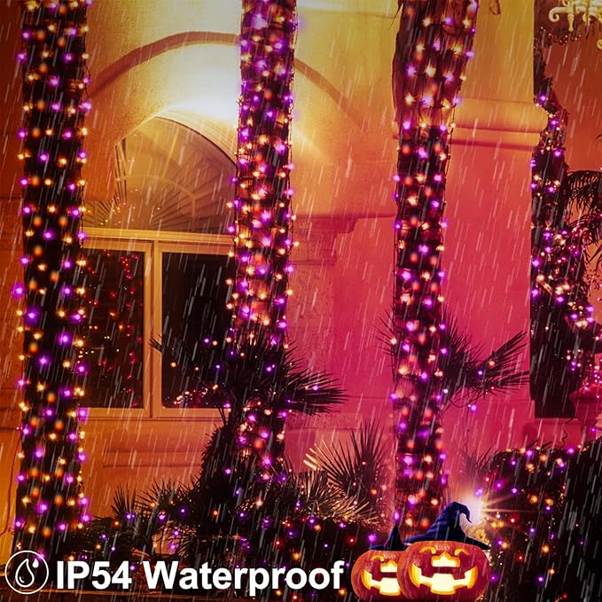 Purple Orange Halloween String Lights Battery, Total 20Ft 400 LED Cluster String Lights with Timer 8 Modes Firecracker Lights Outdoor Waterproof for Tree Home Decor