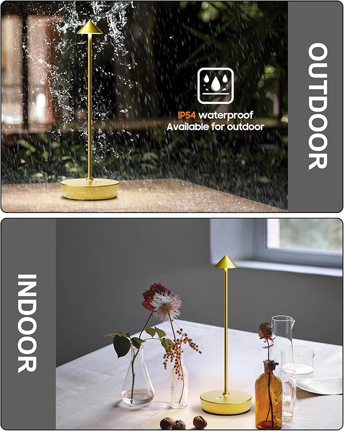 Cordless Table Lamps Rechargeable, 6000mAh Battery Operated LED Desk Lamp Outdoor Waterproof Portable Touch Dimmable Table Night Light for Patio Restaurant Dining Home Brass