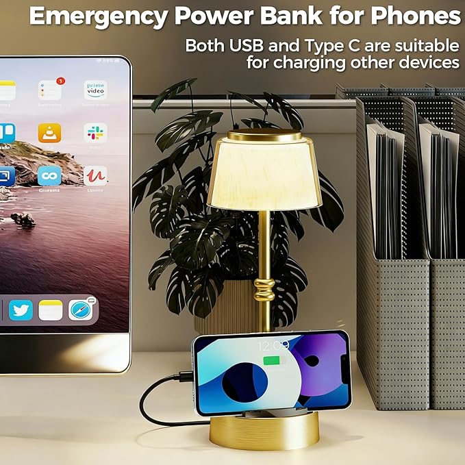 LED Cordless Lamp, 5 Colors Stepless Dimming Table Lamp, Built-in 4400mAh Rechargeable Battery with USB Charging Port, Portable Touch Bedside Light for Patio, Restaurant, Dining (1, Gold)