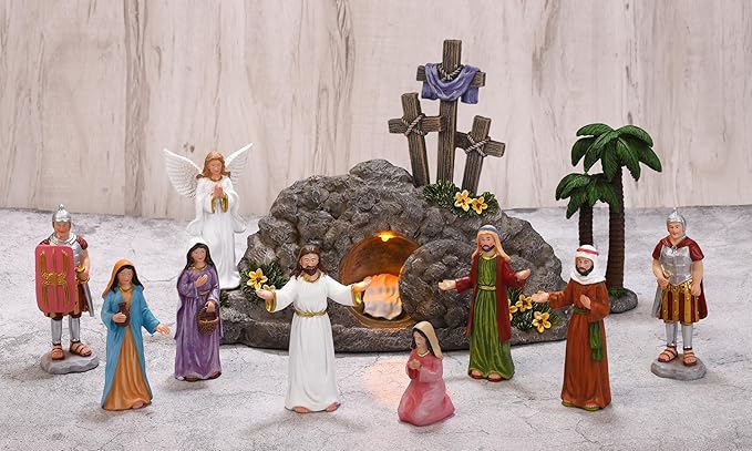 Fovths 12 Pieces LED Easter Scene and Cross Decoration Easter Resin Tabletop Decorations Resurrection of Jesus Statue Jesus Nativity Scene Decorations for Christian Figurines Home Office Tabletop