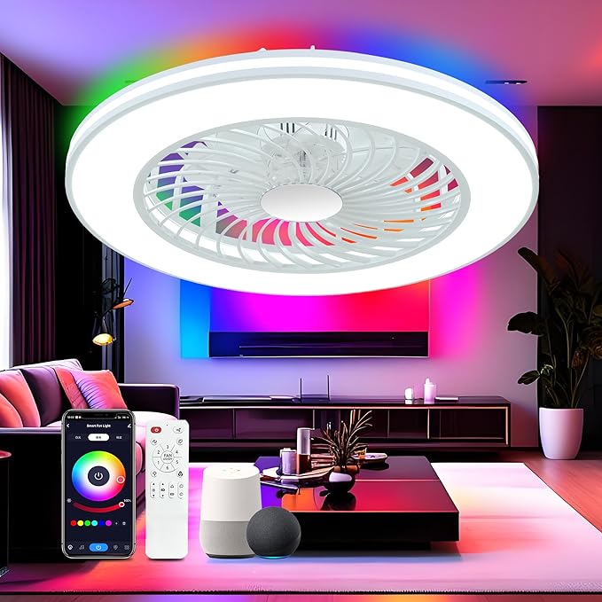 24'' Low Profile Bladeless Ceiling Fans with Lights, Remote/APP/Alexa Smart Control, RGB & 3CCT Dimmable, Flush Mount Ceiling Fan with 6-Speed Reversible for Bedroom Living Room Kid's Room