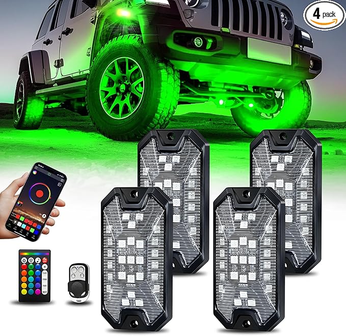 4Pods 5 Sides Full Angle RGB LED Rock Lights Kits High Brightness 27 Beads RGBW 5050 IP68 Waterproof Underglow Multicolor Exterior Wheel Rock Lights for 12V Trucks Jeep Offroad Pickup UTV ATV RZR SUV
