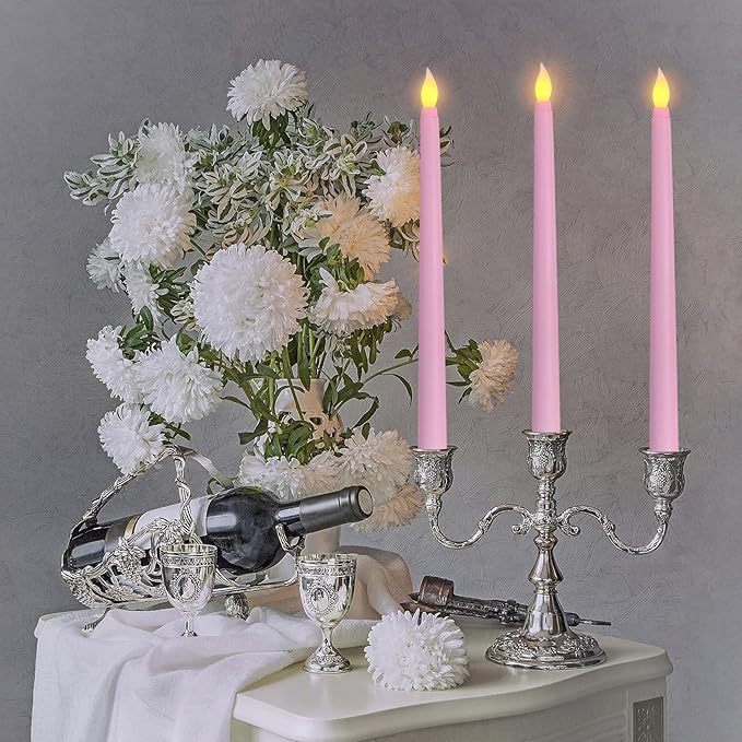 Pink Flameless Taper Candles with Remote, Battery Powered Christmas LED Candlesticks Set of 12