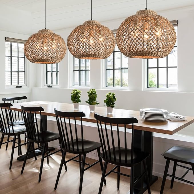 17" Rattan Pendant Light 3-Light Hand Woven Wicker Seagrass Hanging Light Boho Water Plants Rattan Chandelier for Dining Living Bedroom Kitchen Farmhouse