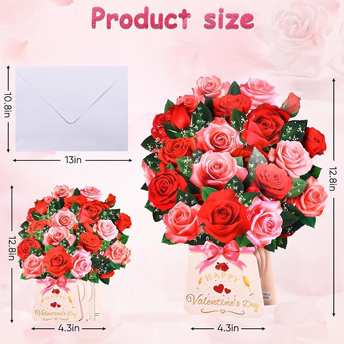 Pop Up Valentine’s Day Card with Light & Music, 12 Inch Paper 3D Rose Bouquet Greeting Card with Envelop, Happy Valentines Day Cards for Wife, Popup Valentines Day Card Gifts for Her Women Girlfriend