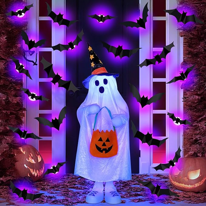 36 PCS LED Purple Lighted 3D Bats Halloween Decoration, 5 Sizes & 4 Shapes Removable PVC Bats Sticker, Waterproof Halloween Bat Wall Decor for Home Indoor Outdoor Bedroom Window Door Wall Party Decor