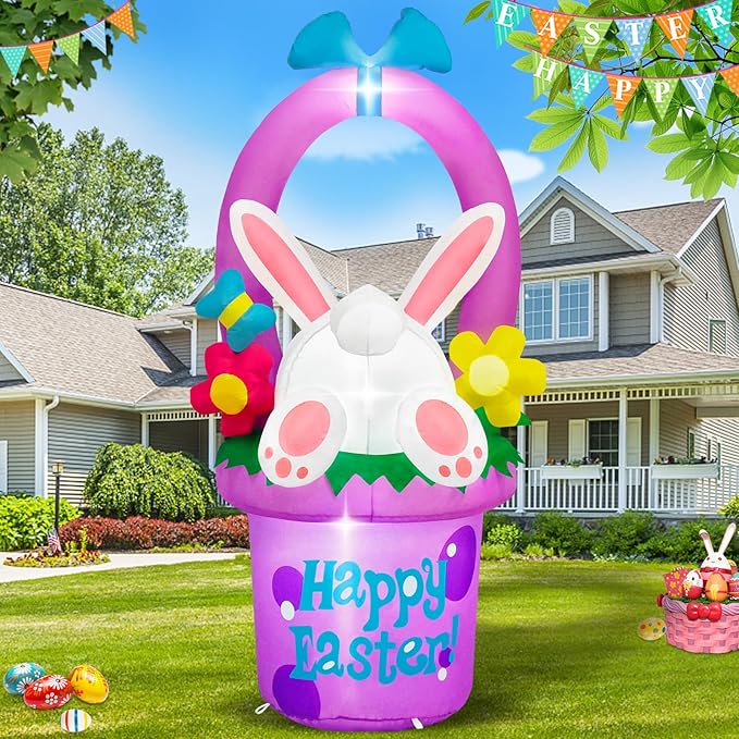 MICOCAH 6 FT Easter Inflatables Outdoor Decorations, Inflatable Easter Bunny Hidden in Flowers Basket Built-in LED Lights Cute Blow Up Yard Decoration for Spring Holiday Party Lawn Garden Decor