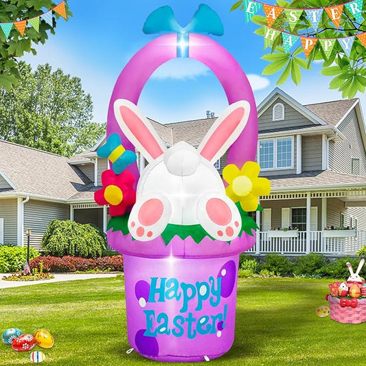 MICOCAH 6 FT Easter Inflatables Outdoor Decorations, Inflatable Easter Bunny Hidden in Flowers Basket Built-in LED Lights Cute Blow Up Yard Decoration for Spring Holiday Party Lawn Garden Decor