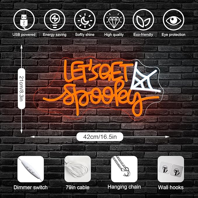 Let's Get Spooky Neon Sign - Halloween Neon Signs for Wall Decor Halloween Neon Light USB Light Up Sign for Halloween Party Decoration,Halloween Decor,Bedroom,Living room,Windows