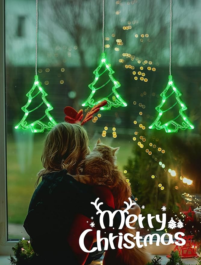 woohaha 30LED Christmas Window Lights,3 Christmas Tree Curtain String Lights USB/Battery Operated,Hanging Xmas Light for Indoor Outdoor Bedroom,Room,Wall,Party,Holiday Decorations(Green)