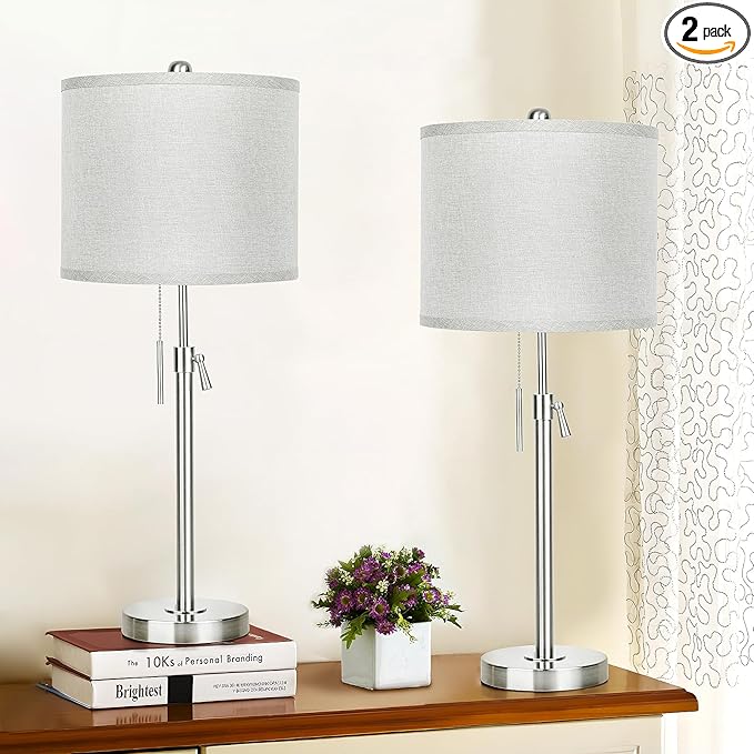 Brushed Nickel Table Lamps Set of 2: 22" to 30" Height Adjustable Nightstand Lamps with Grey Linen Shade Pull Chain Switch Silver Pole Beside Lamp for Living Room Bedroom (Brushed Nickel,Grey Shade)