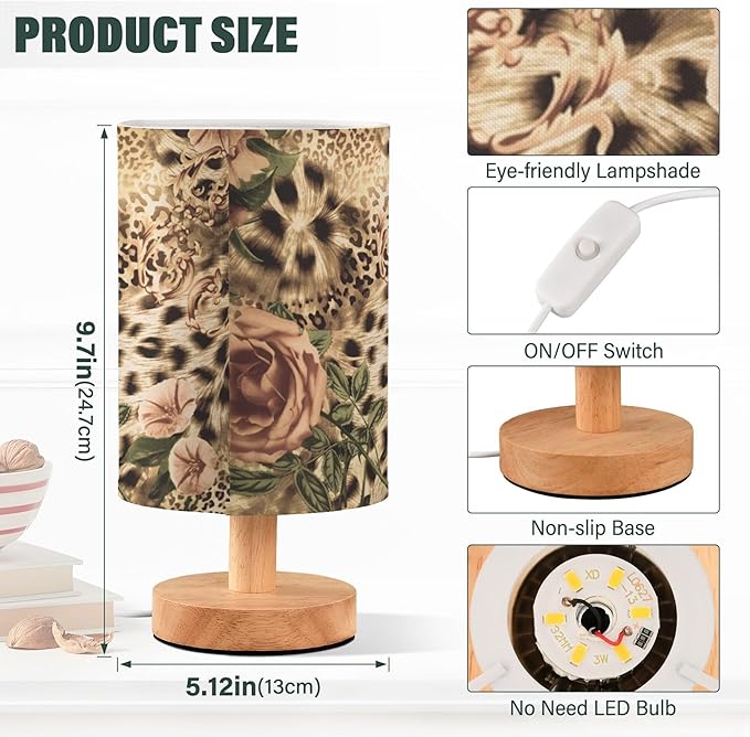 Leopard Print with Pink Floral Rose Flower Table Lamp with Wood Base Fabric Lamp Shade Bedside Nightstand Desk Lamp for Living Room Bedroom Kids Room Office