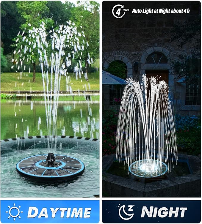 Yzert Solar Fountain Glass Panel with 2200 mah Battery, 3.5W Floating Solar Water Fountain with 4 Fixed Rods, Solar Pump for Bird Bath, Garden, Pond, Pool, Outdoor (Blue Panel White Lights)