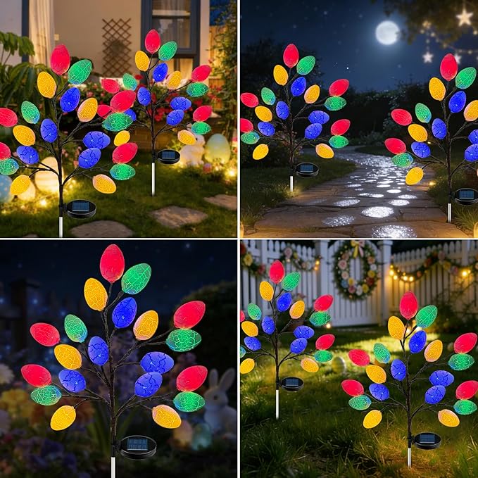 2 Pack Solar Easter Egg Lights Outdoor, 40 LED Waterproof Solar Easter Yard Decorations Outdoor Easters Yard Stakes Lights with 2 Lighting Modes for Outside Lawn Walkway Patio Cemetery Grave