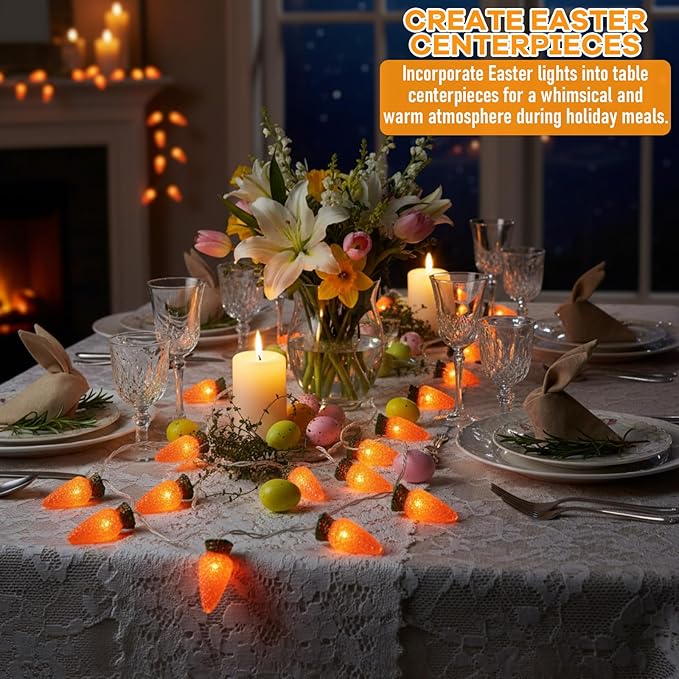 WILLBOND 2 Pack Easter Carrot Lights String 14.5ft 20-Count Orange Carrot Shaped Bunny Fairy Lights Battery Operated with 2AA Battery Box for Indoor Outdoor Easter Spring Party Decor
