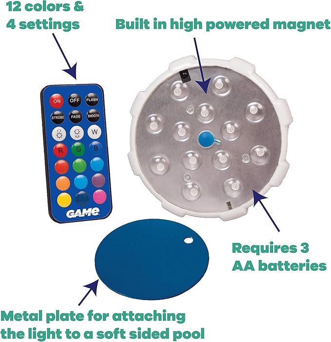 Game Pool Lights - 12 Colors 4 Modes, Easily Installable, Remote Controlled, Uses 3 AAA Batteries, for Above Ground Pools