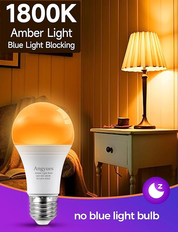 Amber Sleep Light Bulbs, Blue Light Blocking, A19 3W(25 Watt Equivalent) Dim Light Bulbs for Lamp,1800K Warm Light Bulbs,Mood Soothing Light E26 Warm Light Bulbs for Bedroom,2 Pack