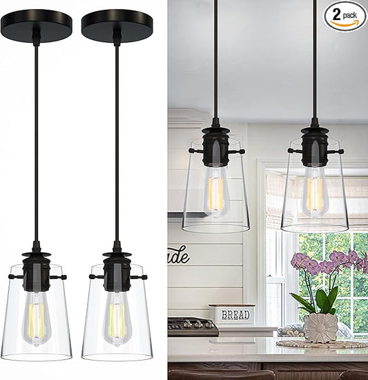 Pendant Lights Kitchen Island, Modern Industrial Pendant Light Fixtures with Glass Shade, E26 Socket Adjustable Cord for Dining Room, Bedroom, Living Room, Farmhouse Pendant Lighting 2Pcs