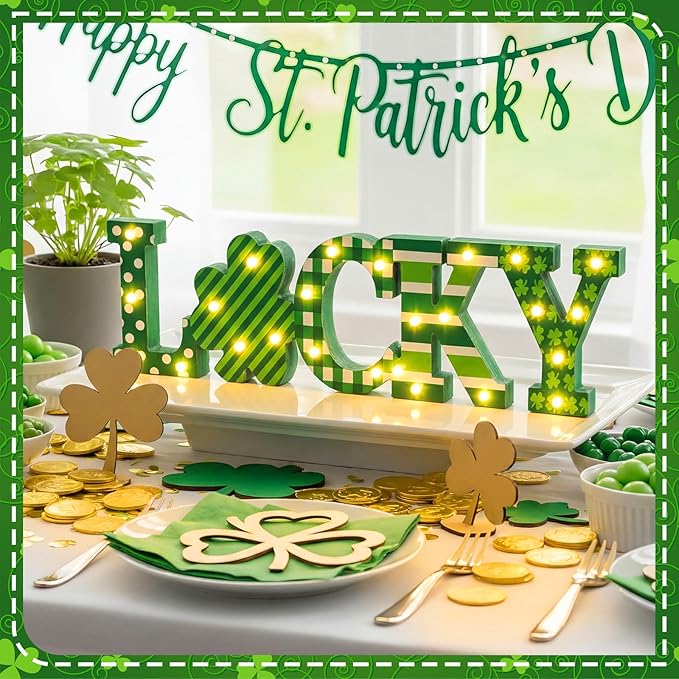 Menkxi St Patricks Day LED Wooden Sign St Patrick's Day Shamrocks Table Decoration Wooden Lucky Decor Saint Patty's Tiered Tray Decor Light up Irish Table Centerpiece for Home Party Desk Office Room
