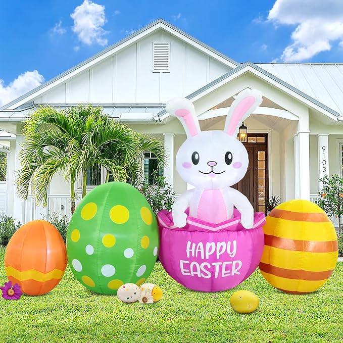 7FT Long Easter Inflatable Bunny Outdoor Decorations with Eggs, Build-in LED Lights Holiday Blow Up Yard Decoration, for Easter Holiday Party, Outdoor,Garden, Yard Lawn Décor