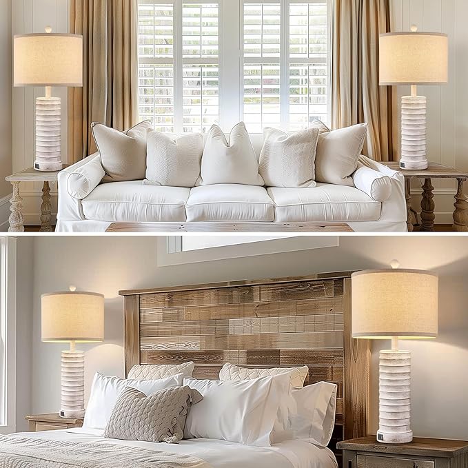 27.5'' Tall Farmhouse Table Lamps for Living Room Set of 2, Rustic Bedroom Lamps for Night Stands, Bedside Lamps with USB Ports for Bedroom Living Room, Nightstand Lamps for End Table, Hallway