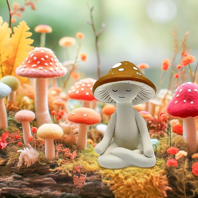 Meditation Mushroom Resin Statue - Cute Meditation Mushroom Statue for Desk Living Room Resin Figurine for Home Patio Office Decoration Cute Plant Statues for Tabletop Garden Backyard Decor