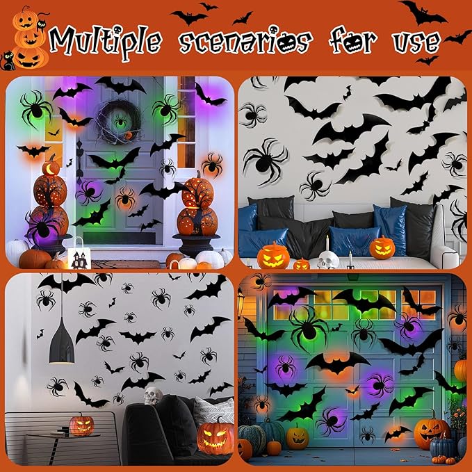 36 Pack Halloween Bat Spider Wall Decor, 3D LED Bat Spider Wall Stickers - 3 Colors - 3 Size - Removable Light up Spiders Bats Wall Decals for Halloween Party, Bedroom Window Decorations