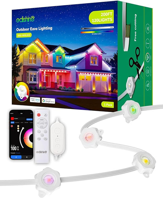 EDISHINE 200ft Cuttable Outdoor Permanent Christmas Lights Pro, 120 LED Smart RGB+IC+Warm White Eave Light, App/Remote, 111 Scene Modes IP67 Waterproof for House and Daily Decor, Alexa Google Enable