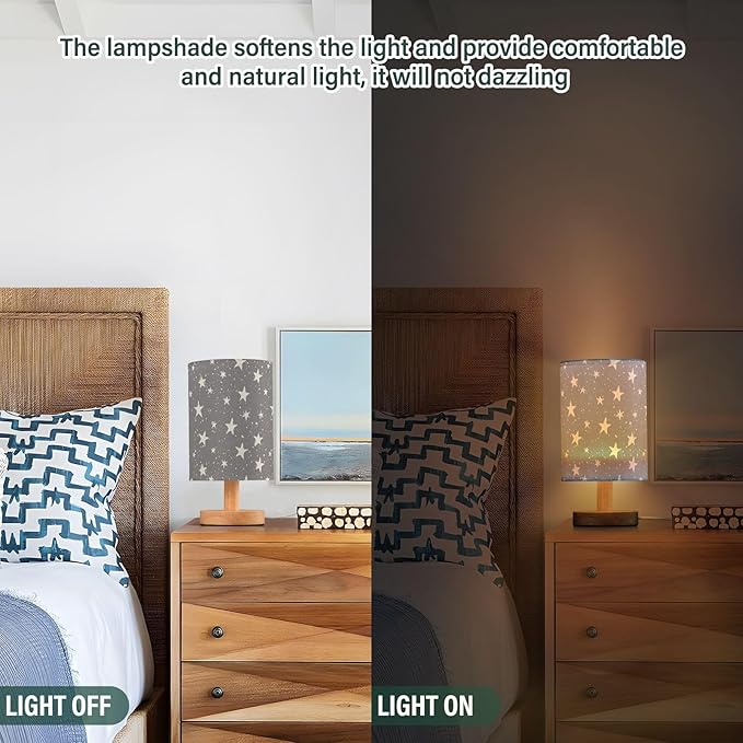 Hand Draw Stars on Grey Background Bedside Table Lamps with USB Port for Bedroom Lamp Small Nightstand Lamp Sturdy Linen Shade Wooden Base Decorative Lamps for Kids Reading Dorm Home