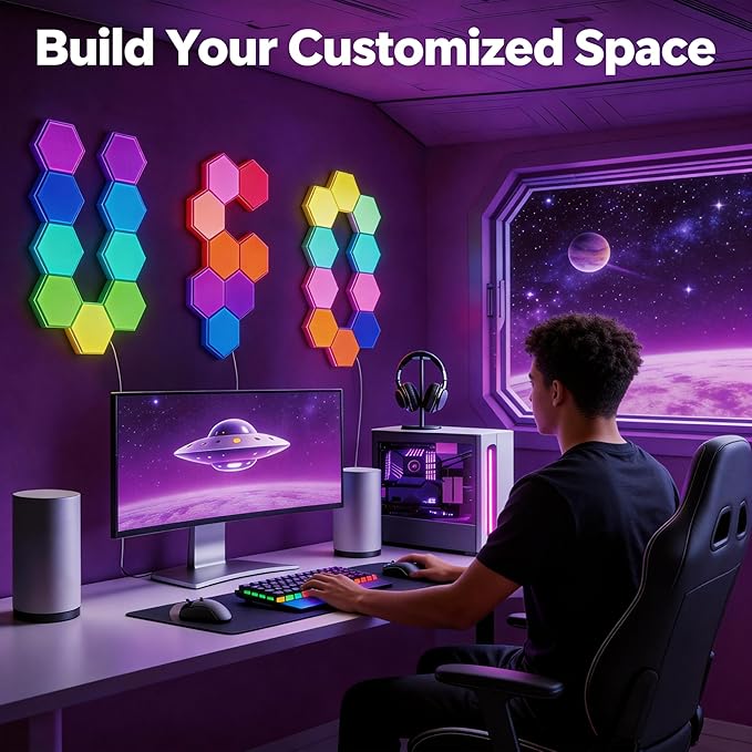TISOFU Hexagon LED Lights - 12 Pack RGB Wall Panels, Modular Smart Light Panel with Music Sync, Remote & APP, Honeycomb Lights Wall for Gaming Room, Bedroom Decor, Kids, Adults, Gift