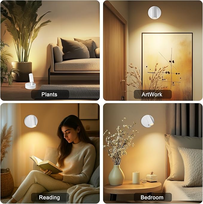 Kimjo Spot Lights Indoor, Wireless LED Spotlight, Uplighting Indoor with Remote and Dimmable, Accent Lighting for Plants, Picture, Battery Operated Wall Light (White 4 Pack)