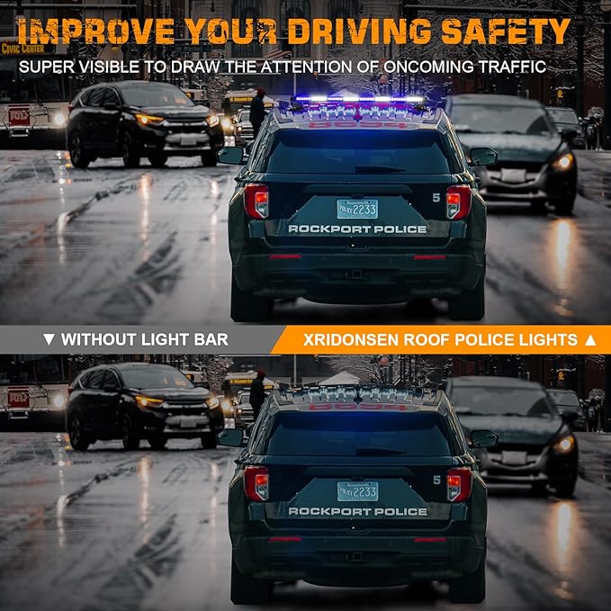 XRIDONSEN 37" 104 LED Roof Top Blue White Emergency Magnetic Police Firefighter Traffic Advisor Strobe Light Bar Warning Flashing Safety Lights w/Controller for Vehicles POV Trucks