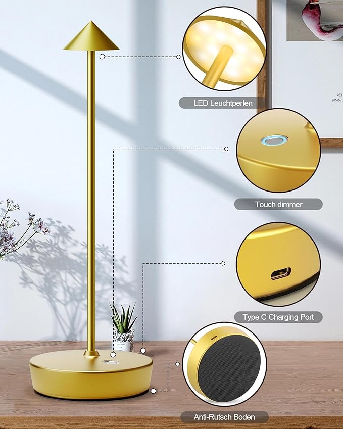 Cordless Table Lamps Rechargeable, 6000mAh Battery Operated LED Desk Lamp Outdoor Waterproof Portable Touch Dimmable Table Night Light for Patio Restaurant Dining Home Brass